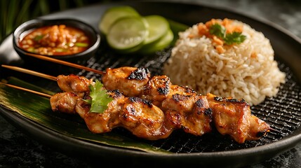Delicious thai food experience chicken skewers and fried rice in a tropical setting