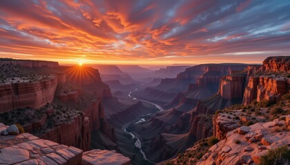 Fototapeta premium Dramatic Sunset Over Rugged Canyon with River and Cloudy Sky