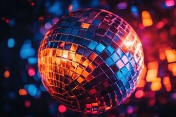 Close-up of a reflective disco ball casting vibrant blue and orange light reflections for a lively party announcement background.
