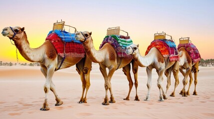 Camels Walking in Desert Sands at Sunset with Colorful Saddle Blankets