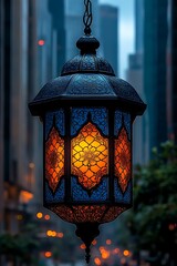 An ornate hanging lantern glows brightly in an urban environment