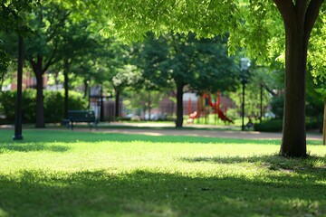 Obraz premium Sunny park view with lush grass, path, benches, trees, & playground