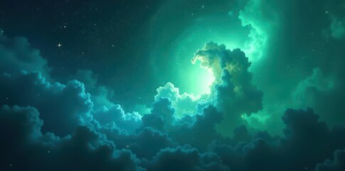 Obraz premium Deep blue-green nebula, cosmic swirls, soft focus , abstract, space