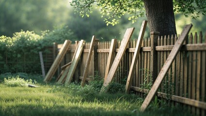 Garden fence repair with leaning wooden panels in a lush green setting
