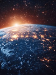 Fototapeta premium Earth from space at night with city lights glowing and sunrise illuminating the horizon in a cosmic scene