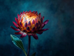 Protea Flower Portrait Against Dark Moody Background with Leaf Detail