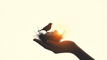 Photo realistic double exposure of a bird silhouette and a nest egg symbolizing savings, representing financial security with ample copy space for text.