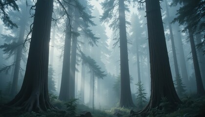 Mystical Foggy Forest with Tall Trees and Soft Light Rays