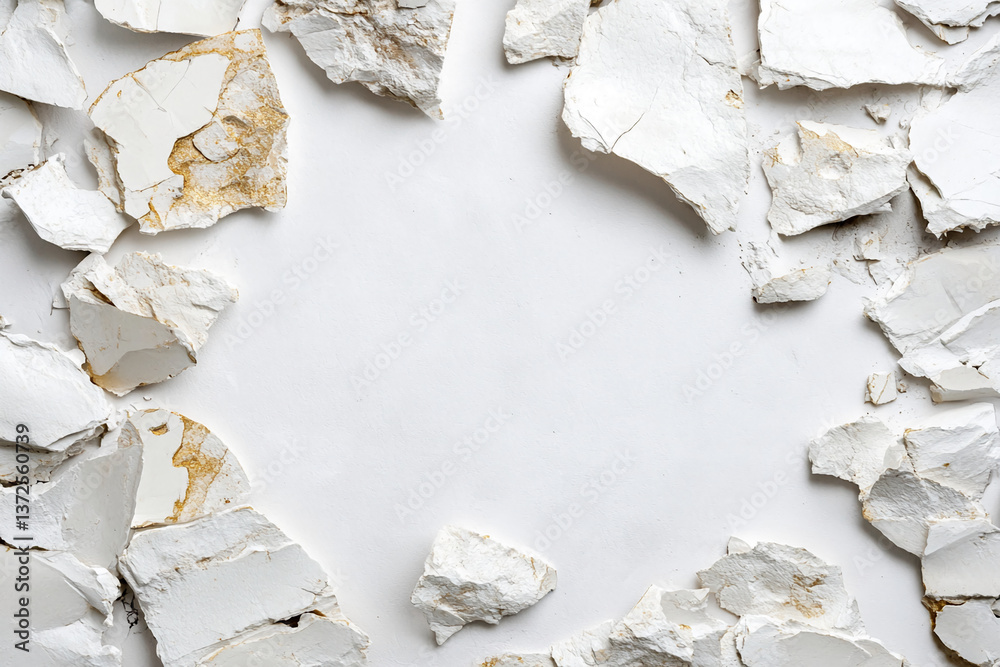 Poster white and beige stone fragments arranged in a frame around a blank white space, suggesting a minimal