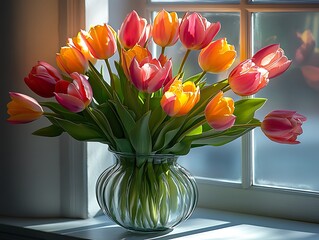 A vase of beautiful colorful tulips sits by a window