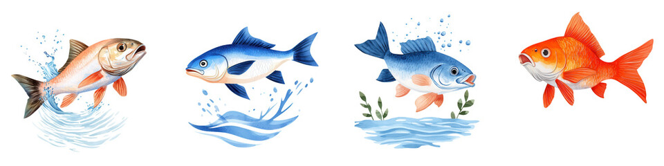 Colorful Fish Illustrations with Water Splash Effects in Design