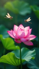 Obraz premium Serene pink lotus blossoms, dragonflies hover , pond, oriental, still