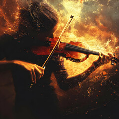 Fototapeta premium A dynamic figure playing the violin amidst a fiery, abstract background.