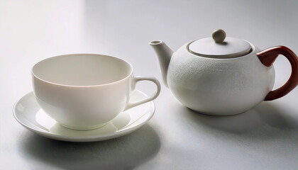 Tea Afternoon - A minimalist tea setup with a single white porcelain cup and a teapot on a smooth, bright surface