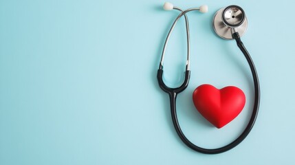 Vibrant Flat Lay of Red Heart and Stethoscope on Blue Background