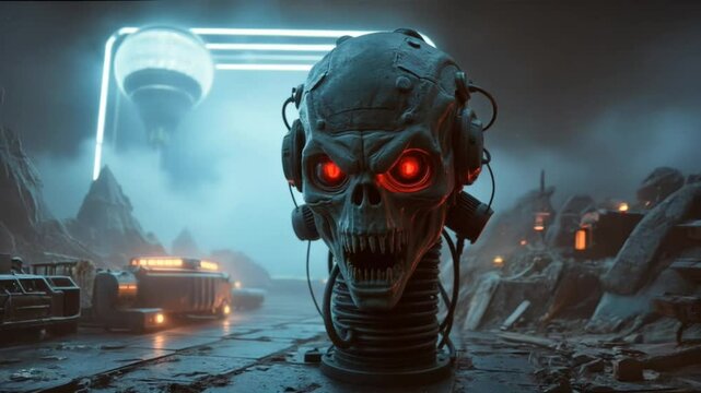 Robot skull, set in a futuristic landscape. Its expression is aggressive and intimidating.
