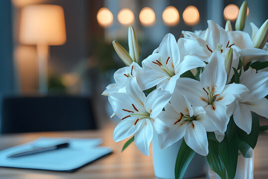 A delicate white lily bouquet in full bloom, their soft petals radiating elegance and tranquility