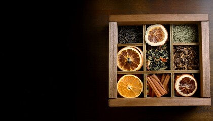 Tea Box - A rustic open tea box displaying herbal tea blends, cinnamon sticks, and dried citrus slices.