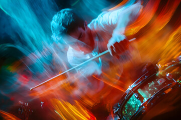 A dynamic drummer performing with vibrant light trails in a lively atmosphere.