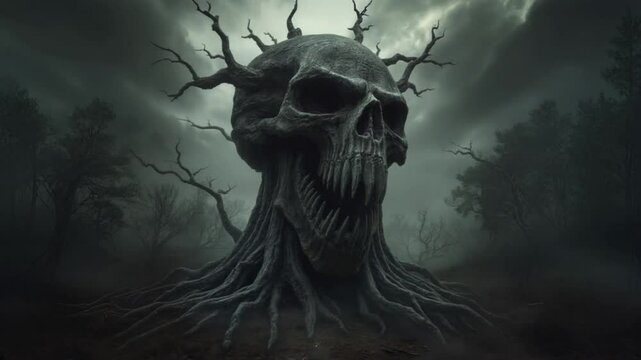 A terrifying skull-tree dominates a dark, misty forest under a stormy sky.  Its gnarled branches and gaping maw create a scene of chilling horror.
