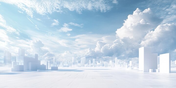 equirectangular panoramic image of A vast white flat desert surrounded by a completely white city skyline composed of minimalist white buildings, high risers and white rectangles, under a pristine sky