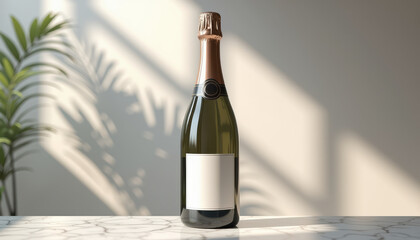 Wine bottle label mockup. Champagne bottle mockup on marble countertop