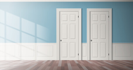 empty classic room interior with two  doors wall panels wooden floor window light vector illustration
