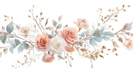 A dreamy illustration of mixed roses and wildflowers, shades of blush, rose quartz