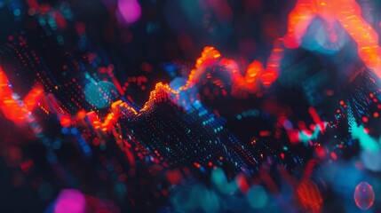 An abstract data visualization featuring rising and falling colorful lines