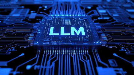 Blue Circuit Board with LLM Technology Symbol, Abstract Digital Background for AI and Computing Concepts
