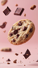 High-resolution food photography of a chocolate chip cookie floating in mid-air, with melted chocolate chunks and cookie crumbs