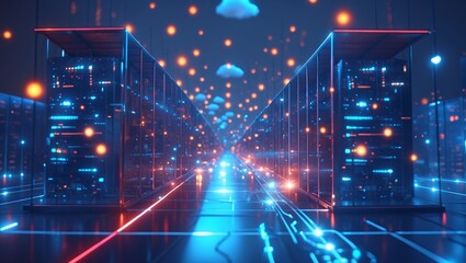 Exploring Server Room Data Center with Futuristic Glowing Lights and Clouds