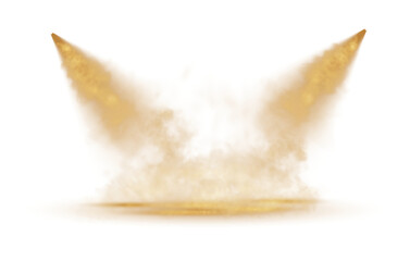Featuring multiple golden spotlights shining at various angles, with light beams diffused through a subtle mist, set against a transparent background. PNG.
