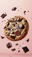 High-resolution food photography of a chocolate chip cookie floating in mid-air, with melted chocolate chunks and cookie crumbs