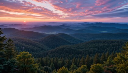 Scenic Sunrise over Mountain Range with Lush Green Forests