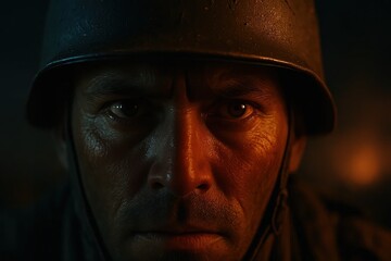 Close-up of a soldier’s focused eyes beneath a helmet, dramatic lighting and shallow depth of field, cinematic portrayal of vigilance, tension, and concentration in a conflict zone