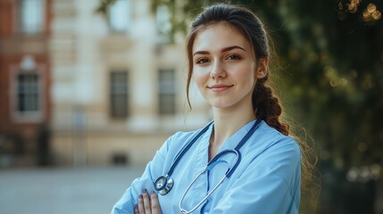 A nurse in blue scrubs with a stethoscope stands outdoors near a building. Ideal for healthcare articles or medical training materials, emphasizing professional caregiving.