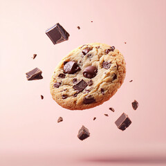 High-resolution food photography of a chocolate chip cookie floating in mid-air, with melted chocolate chunks and cookie crumbs