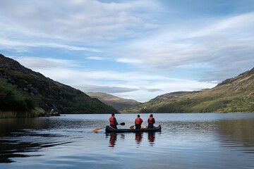 Three people canoeing on a lake surrounded by mountains and a cloudy sky