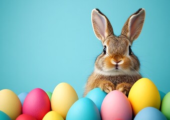 Easter Bunny with Eggs, Blue Background