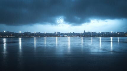 Moody cityscape view on a rainy night with reflections on the water and dark clouds above the city skyline