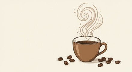 Obraz premium Flat lay illustration of a coffee cup with coffee beans and artistic steam swirls