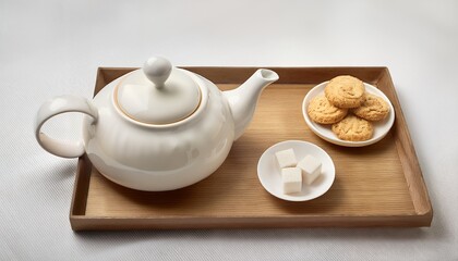 Tea Party - A contemporary tea party setup with a simple teapot, sugar cubes, and a plate of biscuits in a symmetrical layout