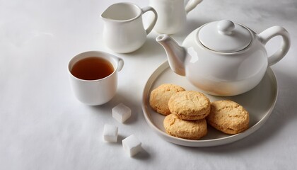 Fototapeta premium Tea Party - A contemporary tea party setup with a simple teapot, sugar cubes, and a plate of biscuits in a symmetrical layout