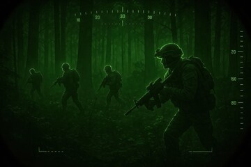 Simulated night vision view of soldiers moving through a forest during a nighttime operation, glowing green tones, heat signatures and HUD interface elements, cinematic military surveillance perspecti