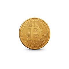 Golden Bitcoin physical representation on white background &ndash; symbol of cryptocurrency, digital finance, and blockchain technology