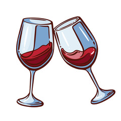 Glasses of red wine clinking for cheers line icon. Outline hand drawn two wineglasses of alcohol drink clink with splashes. Cheers, celebration mascot, motion of toast icon vector illustration