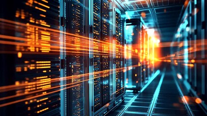 Futuristic server room with glowing data streams and vibrant lights, showcasing advanced technology and digital connectivity - Powered by Adobe