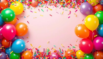 Vibrant balloons & confetti border, festive celebration backdrop, design, confetti border