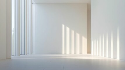 Fototapeta premium Sunlit white room; vertical shadows, minimalist design.